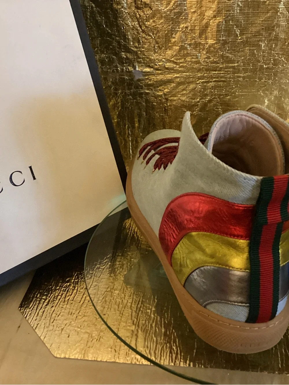 Gucci Light Blue Denim High-Top Sneakers with Red, Gold, Silver Accents